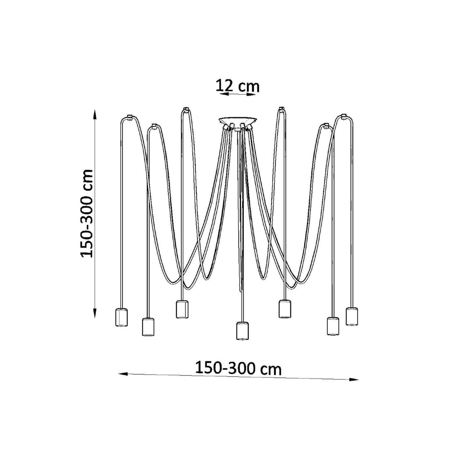 Dimensions du lustre Edison 7 : rosace 12 cm, câbles réglables de 150 à 300 cm