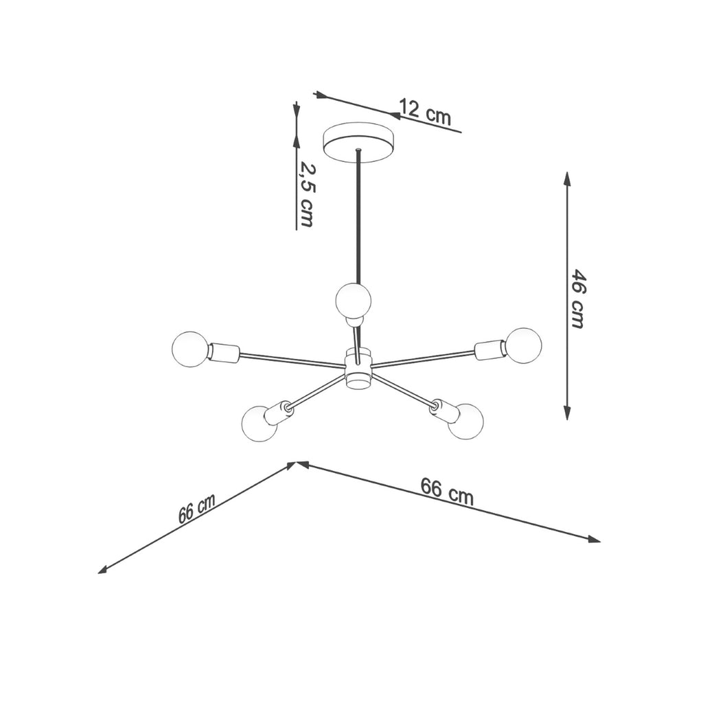 Schéma des dimensions du lustre Lango 5 : largeur 66 cm, profondeur 66 cm, hauteur totale 46 cm, rosace 12 cm