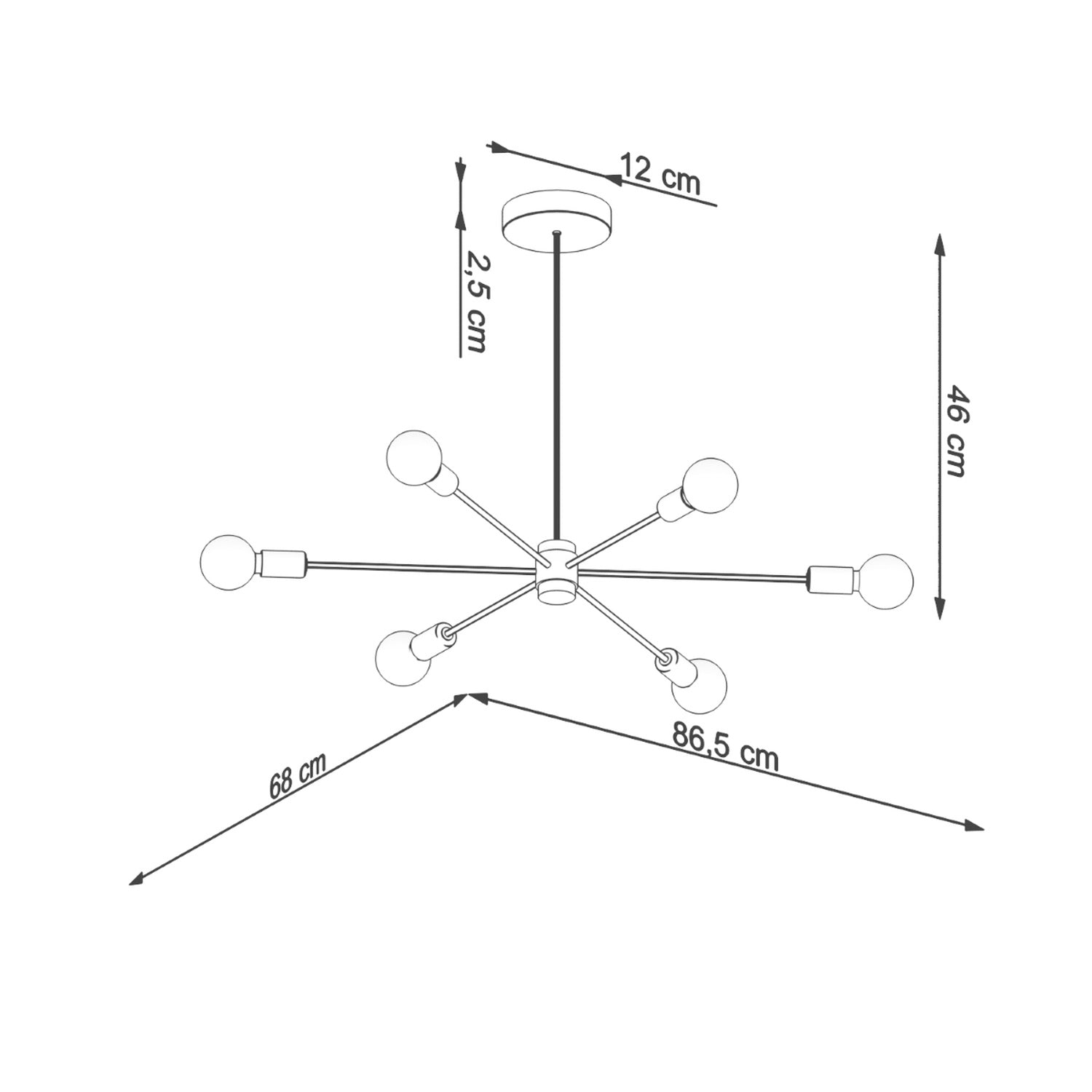 Schéma des dimensions du lustre Lango 6 : largeur 86,5 cm, profondeur 68 cm, hauteur totale 46 cm, rosace 12 cm