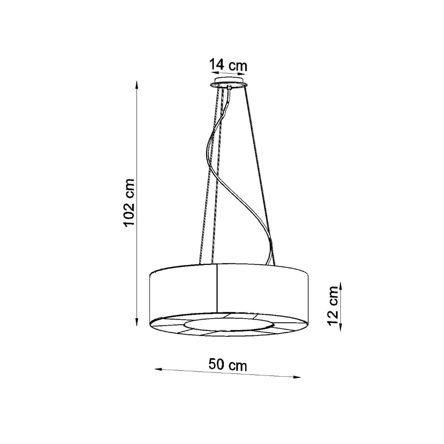 Schéma des dimensions du lustre Saturno Slim 50, diamètre 50 cm, hauteur totale 102 cm