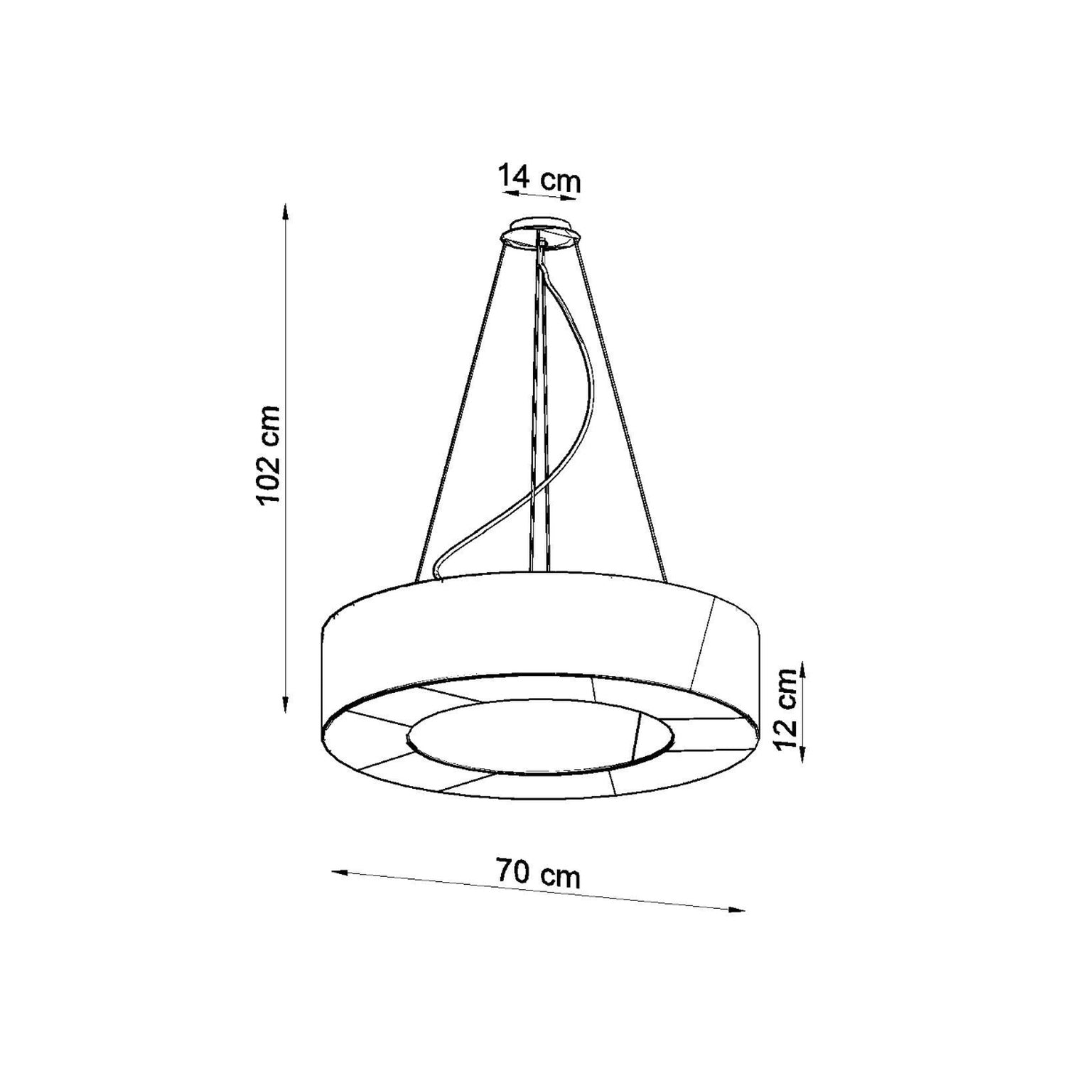 Schéma des dimensions du lustre Saturno Slim 70, diamètre 70 cm, hauteur totale 102 cm