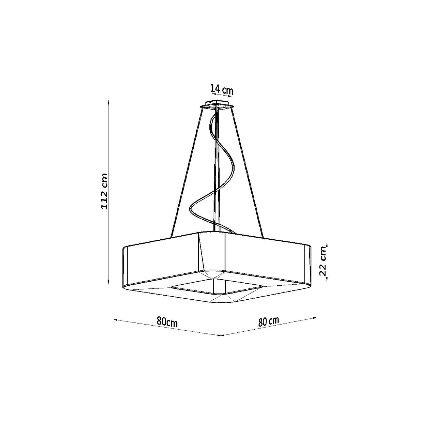 Schéma des dimensions du lustre Urano 80, carré de 80 cm, hauteur totale 112 cm