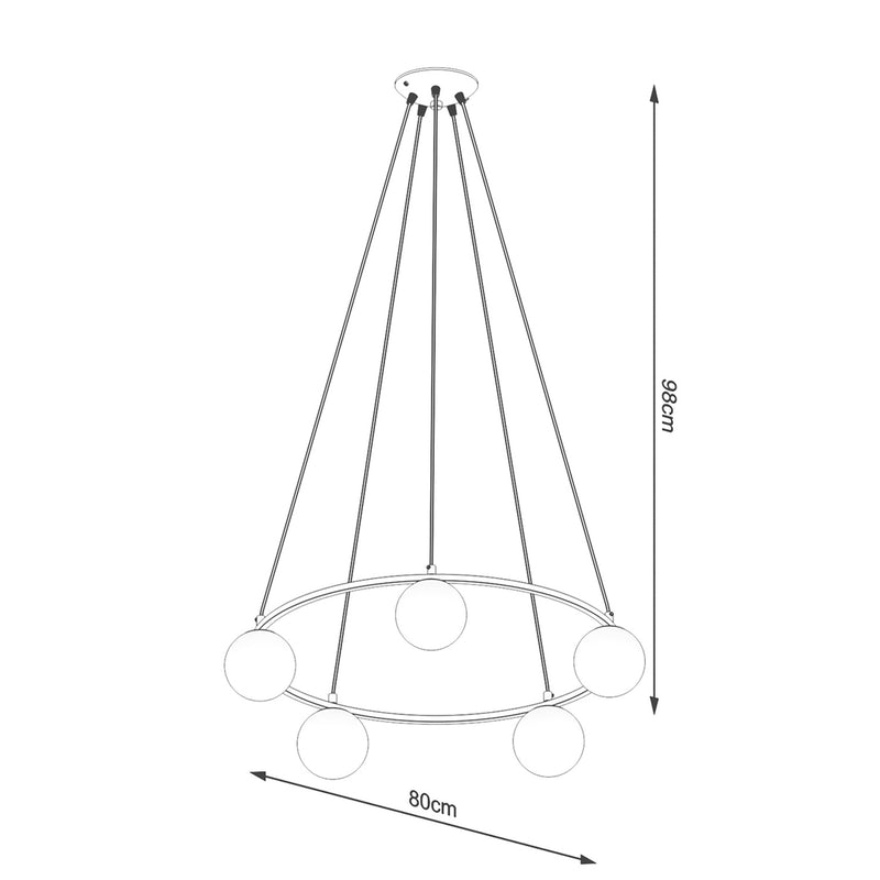 Dimensions Lustre Yoli 5 anneau boules opale acier noir G9