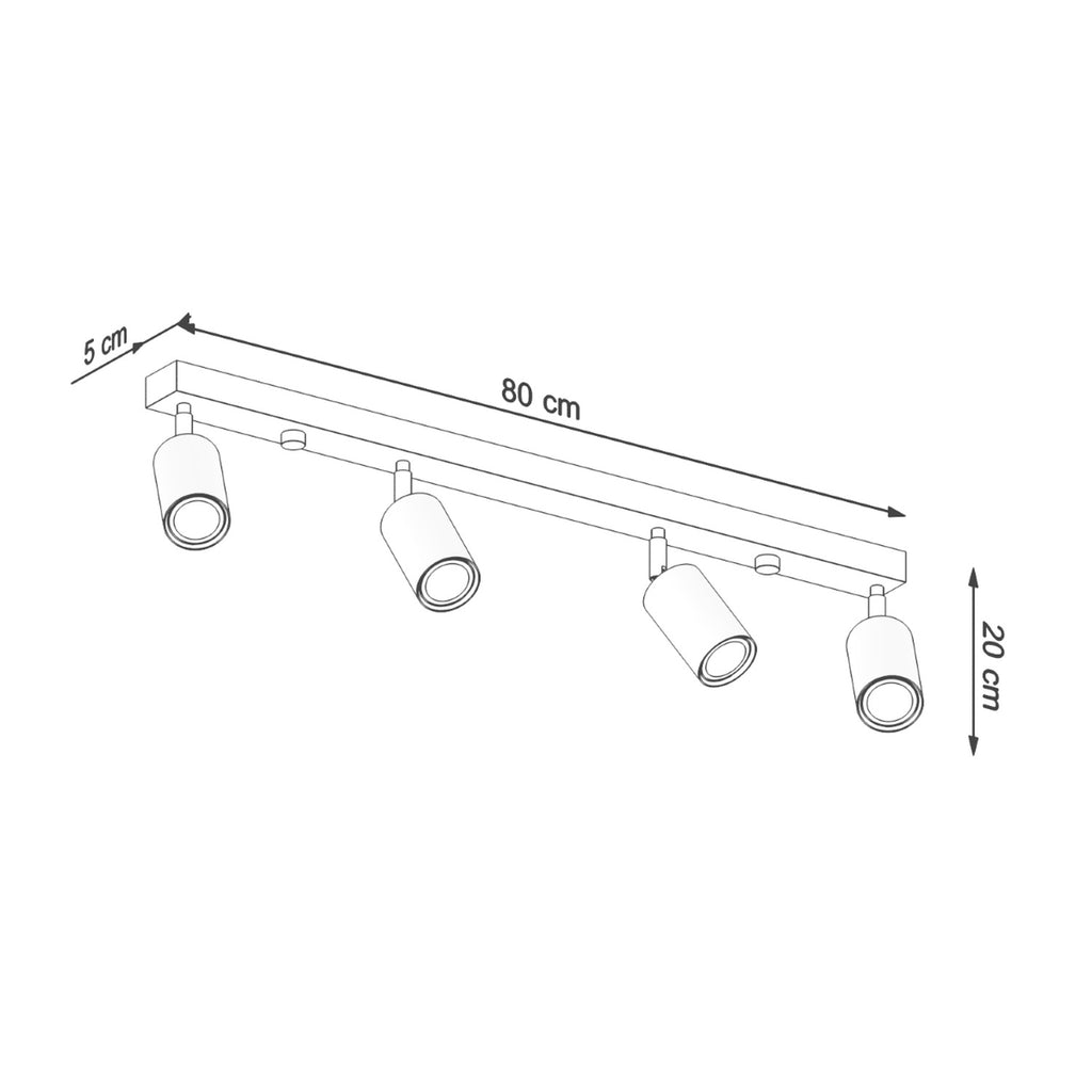 Schéma des dimensions du plafonnier Berg 4 spots : réglette 80 cm, largeur 5 cm, hauteur 20 cm