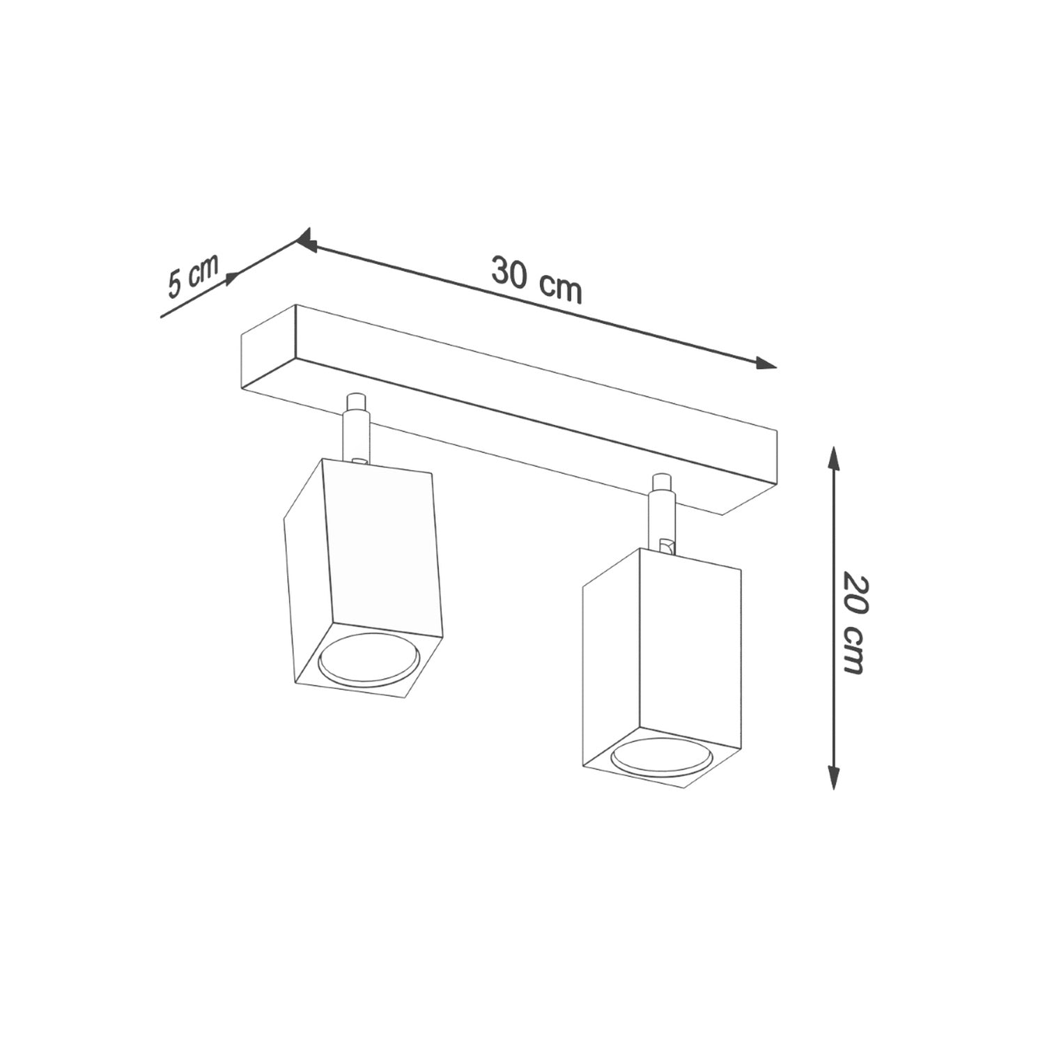 Schéma des dimensions du plafonnier Keke 2 : réglette 30 cm, largeur 5 cm, hauteur 20 cm