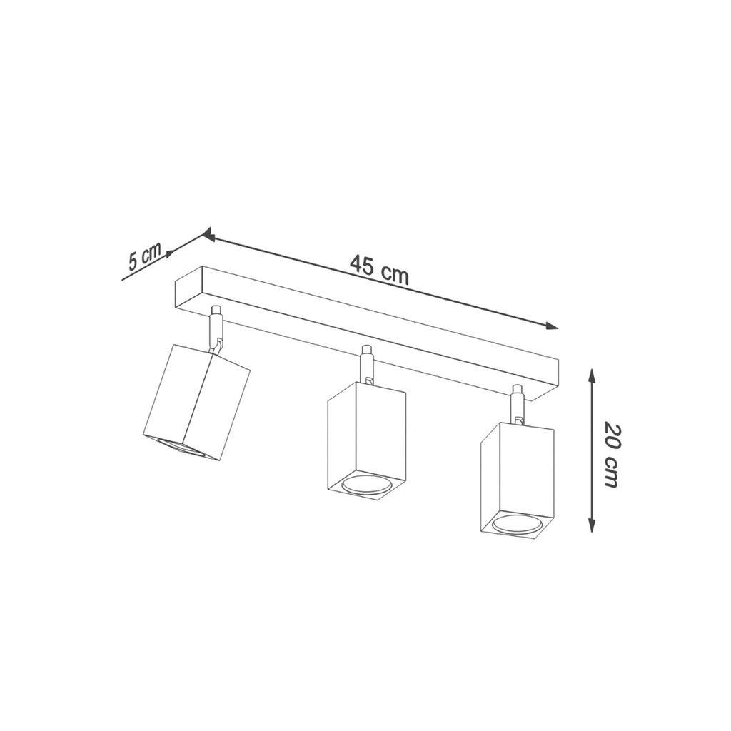 Schéma des dimensions du plafonnier Keke 3 : réglette 45 cm, largeur 5 cm, hauteur 20 cm