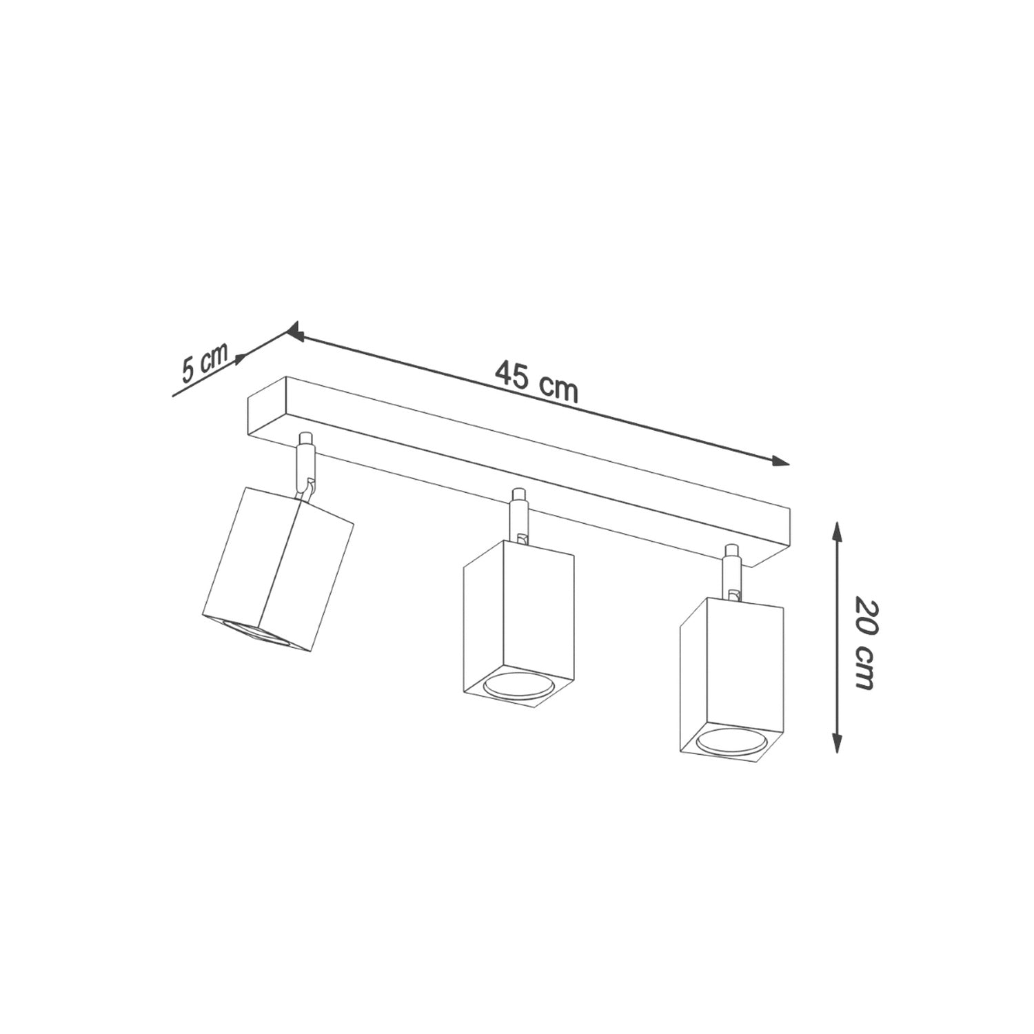 Schéma des dimensions du plafonnier Keke 3 : réglette 45 cm, largeur 5 cm, hauteur 20 cm