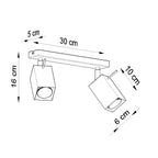 Schéma des dimensions du plafonnier Merida 2 : longueur 30 cm, largeur 5 cm, hauteur 16 cm