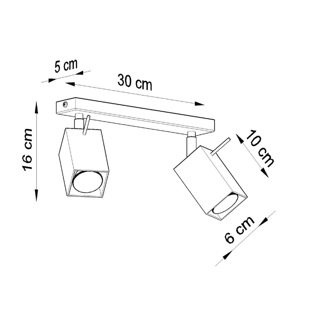 Schéma des dimensions du plafonnier Merida 2 : longueur 30 cm, largeur 5 cm, hauteur 16 cm
