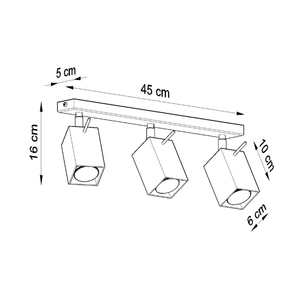 Schéma des dimensions du plafonnier Merida 3 : longueur 45 cm, largeur 5 cm, hauteur 16 cm