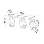 Schéma des dimensions du plafonnier Merida 3 : longueur 45 cm, largeur 5 cm, hauteur 16 cm