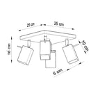 Schéma des dimensions du plafonnier Merida 4 : largeur 25 cm, profondeur 25 cm, hauteur 16 cm