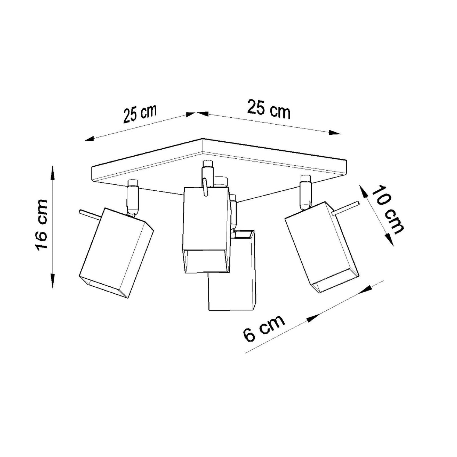 Schéma des dimensions du plafonnier Merida 4 : largeur 25 cm, profondeur 25 cm, hauteur 16 cm