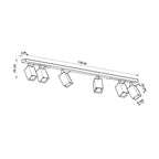 Dimensions du plafonnier Merida rampe 6 spots, barre 118 x 5 cm, hauteur 16 cm, spots 6 cm de côté