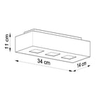 Schéma des dimensions du plafonnier Mono 3 : hauteur 11 cm, largeur 34 cm, profondeur 14 cm
