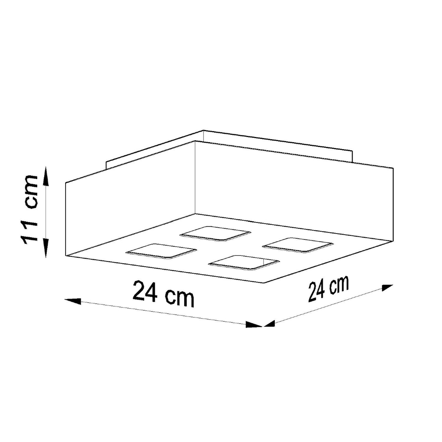 Schéma des dimensions du plafonnier Mono 4 : hauteur 11 cm, largeur 24 cm, profondeur 24 cm