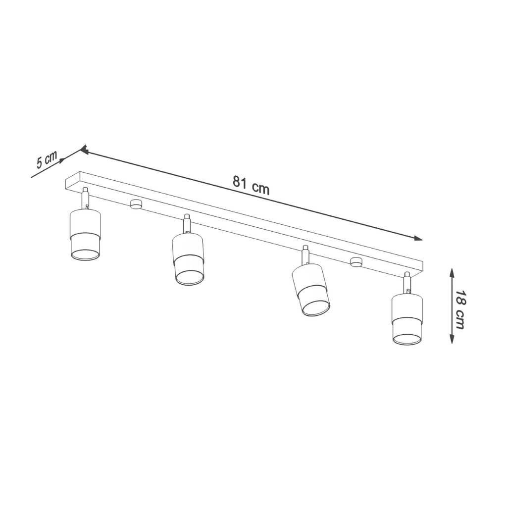 Schéma des dimensions du plafonnier Nero 4 : réglette 81 cm, largeur 5 cm, hauteur 18 cm