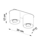 Schéma des dimensions du plafonnier Orbis 2 : hauteur 12 cm, largeur 26 cm, profondeur 10 cm