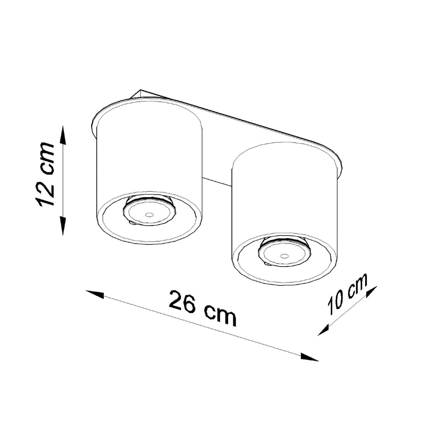 Schéma des dimensions du plafonnier Orbis 2 : hauteur 12 cm, largeur 26 cm, profondeur 10 cm