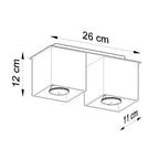 Schéma des dimensions du plafonnier Quad 2 : hauteur 12 cm, largeur 26 cm, profondeur 11 cm