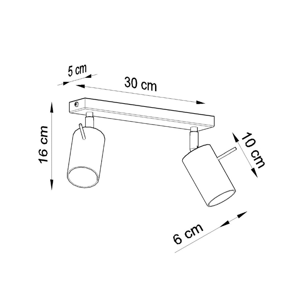 Schéma des dimensions du plafonnier Ring 2 : longueur 30 cm, largeur 5 cm, hauteur 16 cm