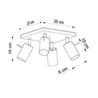 Schéma des dimensions du plafonnier Ring 4 : largeur 25 cm, profondeur 25 cm, hauteur 16 cm