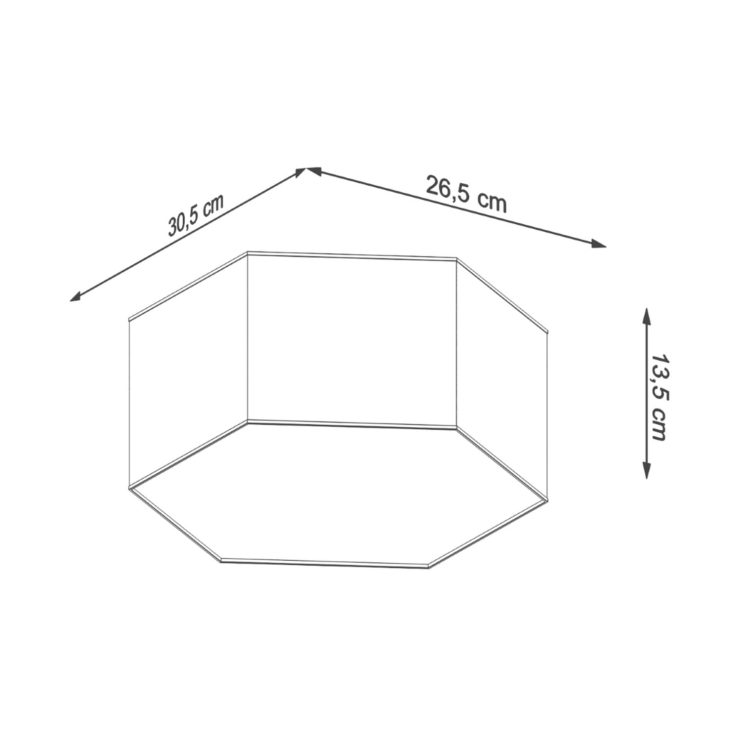 Schéma des dimensions du plafonnier Sunde 13 : 30,5 x 26,5 cm, hauteur 13,5 cm