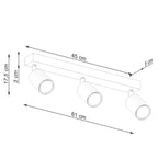 Schéma coté du Plafonnier Verdo 3 en ligne bois et acier blanc GU10
