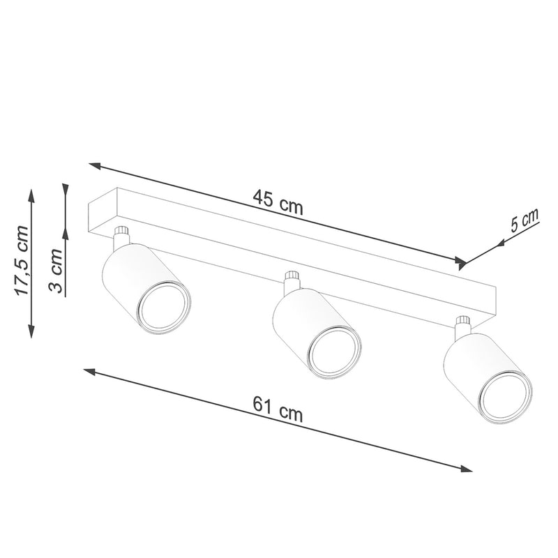 Dimensions Plafonnier Verdo 3 en ligne bois et acier noir GU10