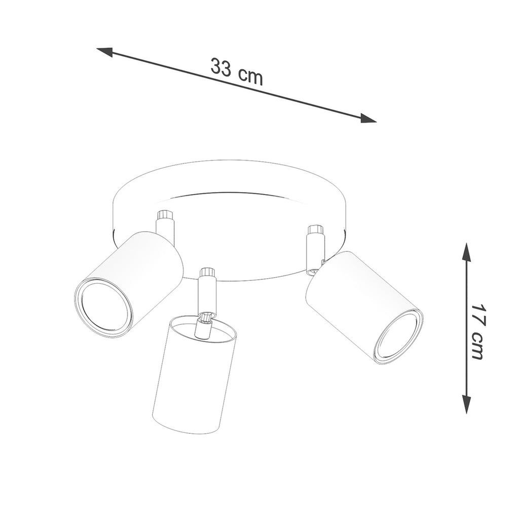 Schéma coté du Plafonnier Verdo 3 en rond bois et acier blanc GU10