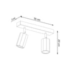 Schéma des dimensions du plafonnier Zeke 2 : réglette 30 cm, largeur 5 cm, hauteur 20 cm
