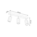 Schéma des dimensions du plafonnier Zeke 3 : réglette 45 cm, largeur 5 cm, hauteur 20 cm