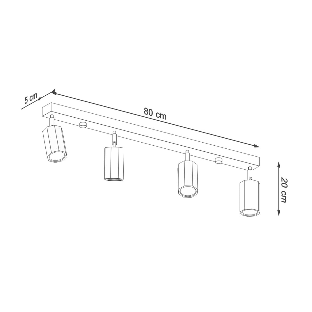 Schéma des dimensions du plafonnier Zeke 4 : réglette 80 cm, largeur 5 cm, hauteur 20 cm