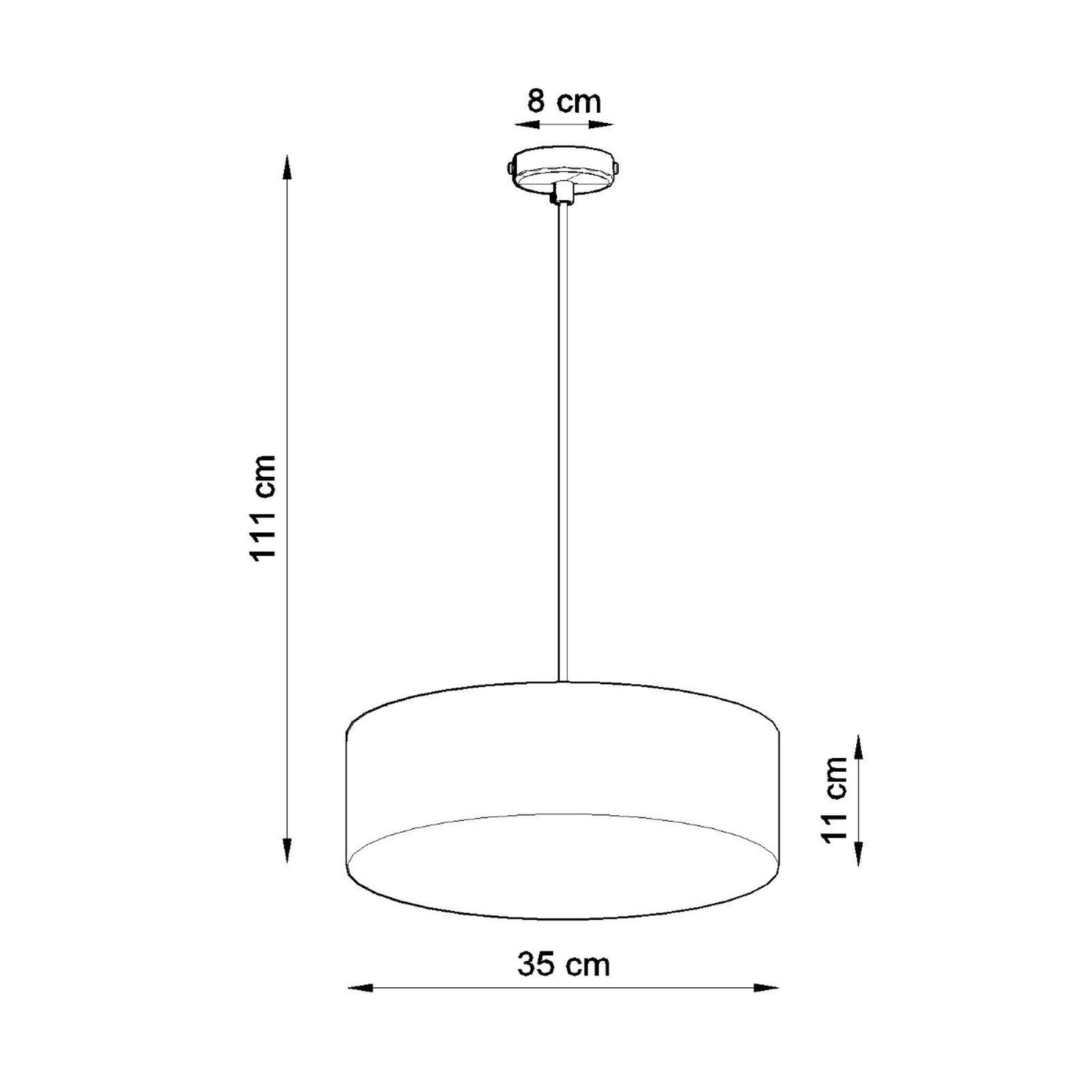 Schéma des dimensions de la suspension Arena 35 : diamètre 35 cm, hauteur de l'abat-jour 11 cm, hauteur totale jusqu'à 111 cm