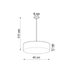 Schéma des dimensions de la suspension Arena 45 : diamètre 45 cm, hauteur de l'abat-jour 11 cm, hauteur totale jusqu'à 111 cm