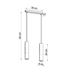 Schéma des dimensions de la suspension Borgio 2 en béton et acier blanc, deux tubes, tube 6 x 30 cm