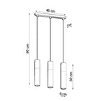 Schéma des dimensions de la suspension Borgio 3 en béton et acier blanc, trois tubes, tube 6 x 30 cm