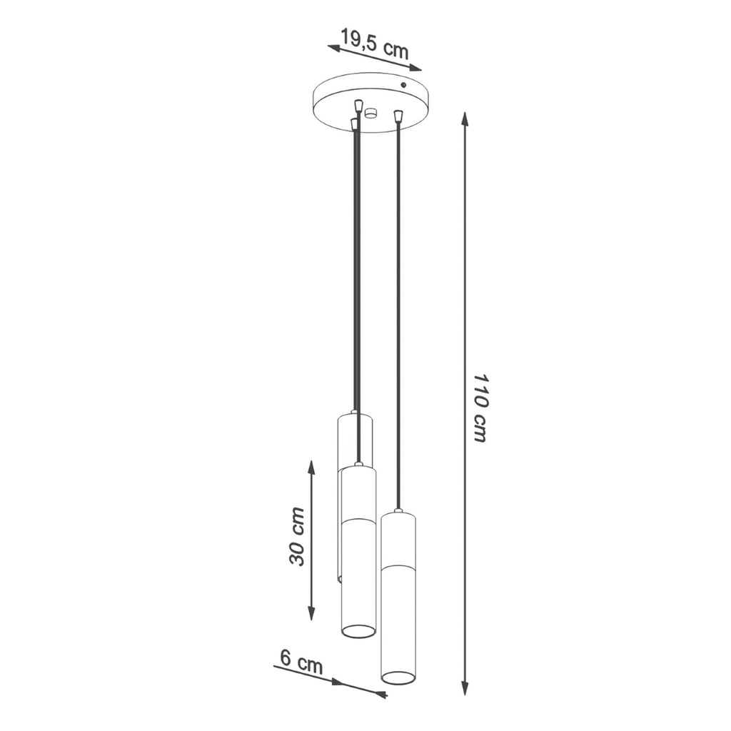 Schéma coté de la suspension Borgio 3 en grappe béton et acier noir, rosace et tubes