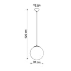 Schéma coté de la suspension Ugo : globe 30 cm, hauteur réglable jusqu'à 120 cm