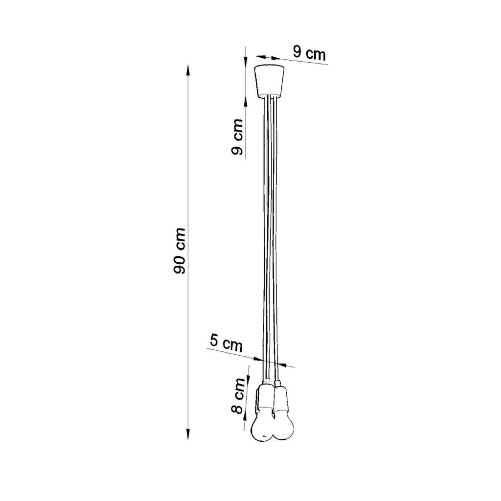 Schéma des dimensions de la suspension Diego 3, bouquet de 15 cm et câbles 90 cm