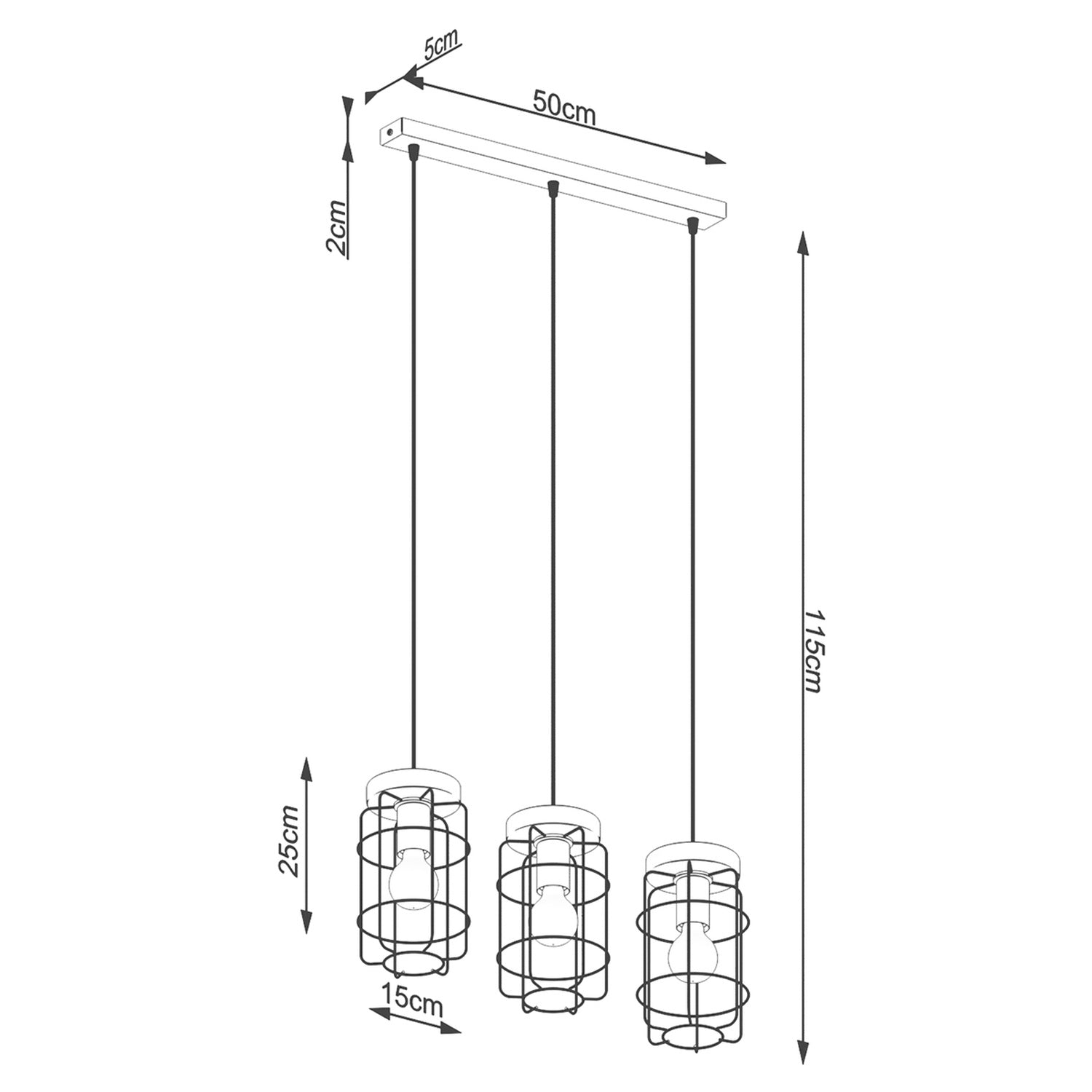Schéma coté de la Suspension Gotto 3 cages métal noir et bois E27