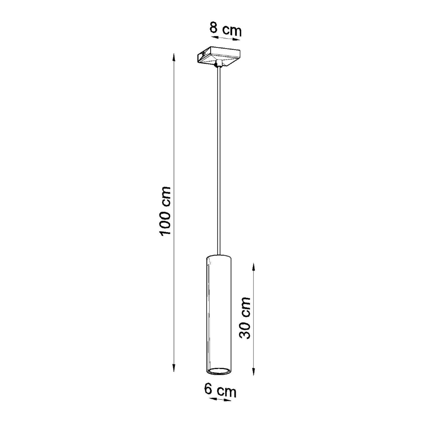 Dimensions de la suspension Lagos, tube 6 cm de diamètre et 30 cm de hauteur, rosace 8 cm