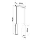 Dimensions de la suspension Lagos double, réglette 30 x 5 cm, tubes 6 cm de diamètre et 30 cm de hauteur