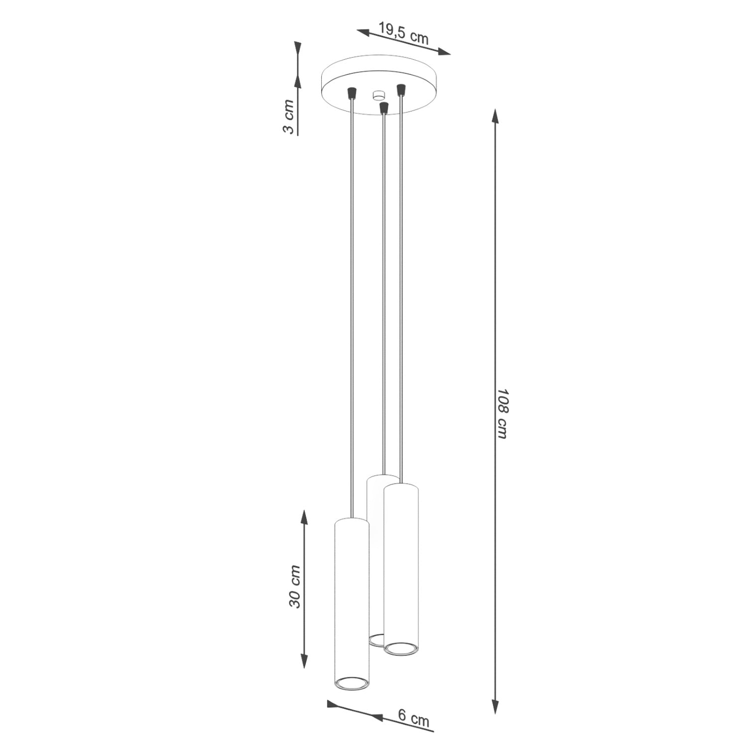 Schéma coté : Suspension Lagos 3 en grappe métal beige GU10