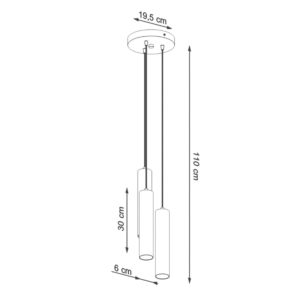 Schéma coté de la suspension Lagos 3 en grappe acier noir, rosace et tubes