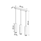 Dimensions de la suspension Lagos triple, réglette 45 x 5 cm, tubes 6 cm de diamètre et 30 cm de hauteur