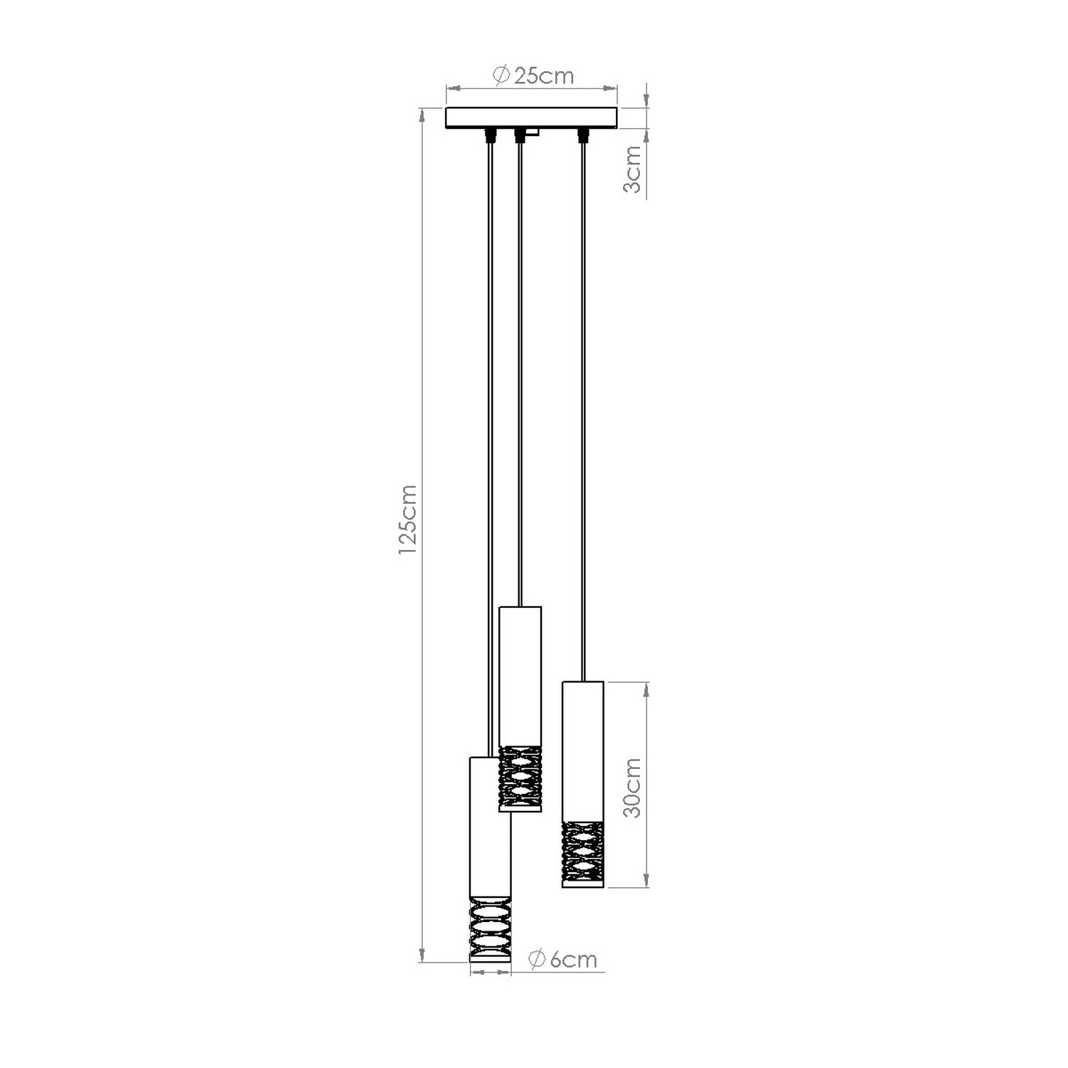 Schéma coté : Suspension Lami 3 tubes ajourés en grappe acier blanc GU10