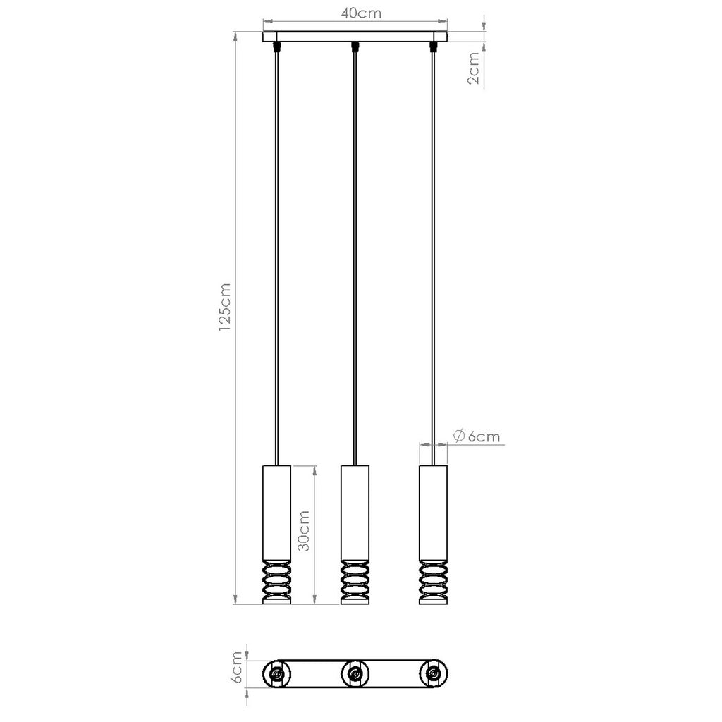 Schéma coté : Suspension Lami 3 tubes ajourés en ligne acier blanc GU10