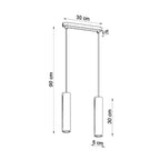 Schéma des dimensions de la suspension Lino 2, barre 30 cm, tubes 6 x 30 cm, câbles jusqu'à 90 cm