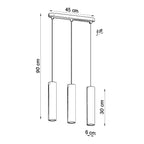 Schéma des dimensions de la suspension Lino 3, barre 45 cm, tubes 6 x 30 cm, câbles jusqu'à 90 cm